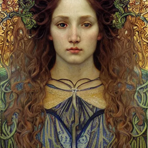 Image similar to detailed realistic beautiful young medieval queen face portrait by jean delville, alphonse mucha, vincent van gogh, and marco mazzoni, art nouveau, symbolist, visionary, gothic, pre - raphaelite