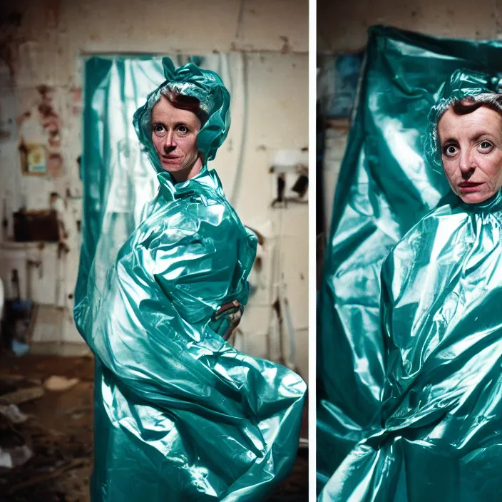 Prompt: closeup portrait of a woman wrapped in teal cellophane, standing in a derelict science lab, color photograph, by paula rego, canon eos c 3 0 0, ƒ 1. 8, 3 5 mm, 8 k, medium - format print