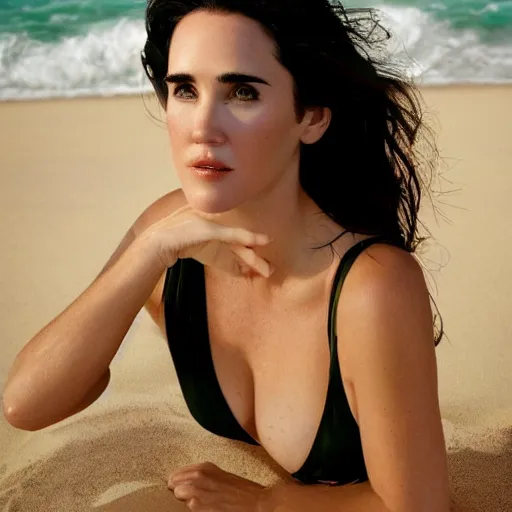 Image similar to Portrait Photography, medium closeup of young jennifer connelly poses in 2 Piece Mini Micro Push Up Swimsuits at summer beach, confident pose, fierce expression, intricate details, detailed face, detailed illustration, impressive lighting, symmetrical features, ultra detailed, 12 megapixels