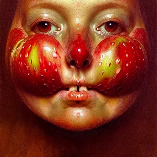 Image similar to apples arranged in the shape of a face, fantasy, intricate, elegant, highly detailed, lifelike, photorealistic, digital painting, artstation, illustration, smooth, sharp focus, art by artem demura, giuseppe arcimboldo