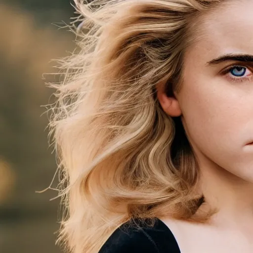 Prompt: close - up photo still of kiernan shipka looking off into the distance, medium - length blond hair, black dress, realistic, golden hour, backlightning, photorealistic, editorial photograph, portrait, ultra detailed, intricate, natural light falling on her face. the focus is on her eyes and brows, fujifilm x - pro 2, by annie leibowitz