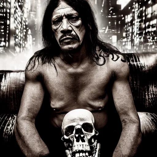 Prompt: a photo of a sad victorian gothic danny trejo sitting on a sofa of bones surrounded by a cyber futuristic cityscape made of human body parts, lighting, 5 0 mm, perfect faces, award winning phhotography