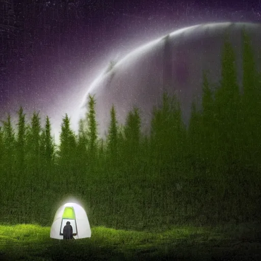 Prompt: photograph of an astronaut sitting inside a small tent at night, in heavy rainfall, alien planet, portrait picture, trees, forest, ferns, moss, wet, astronaut is relaxing