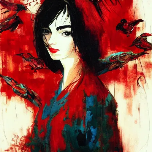 Prompt: portrait of a daydreaming melancholic latina woman in red habit being progressively rasterized into virtual pixels, she is surrounded by digital birds and a giant loving neon mecha robot is beside her, oil on canvas by yoji shinkawa, esao andrews, dave mckean and stina persson