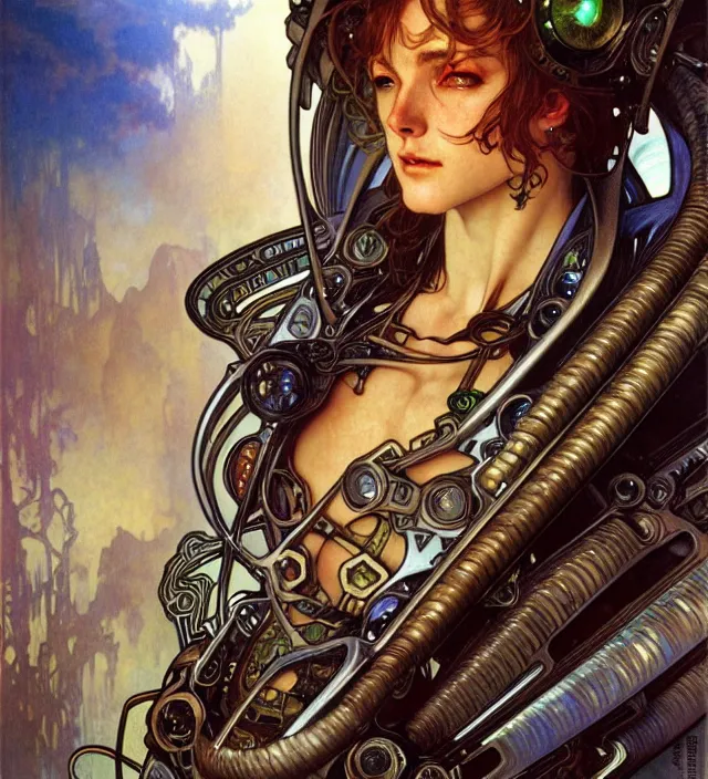 Prompt: realistic detailed face portrait of a handsome futuristic celtic warrior in alien cyberpunk armor by alphonse mucha, ayami kojima, amano, greg hildebrandt, and mark brooks, female, feminine, art nouveau, cyberpunk, neo - gothic, gothic, masterpiece artwork, character concept design,