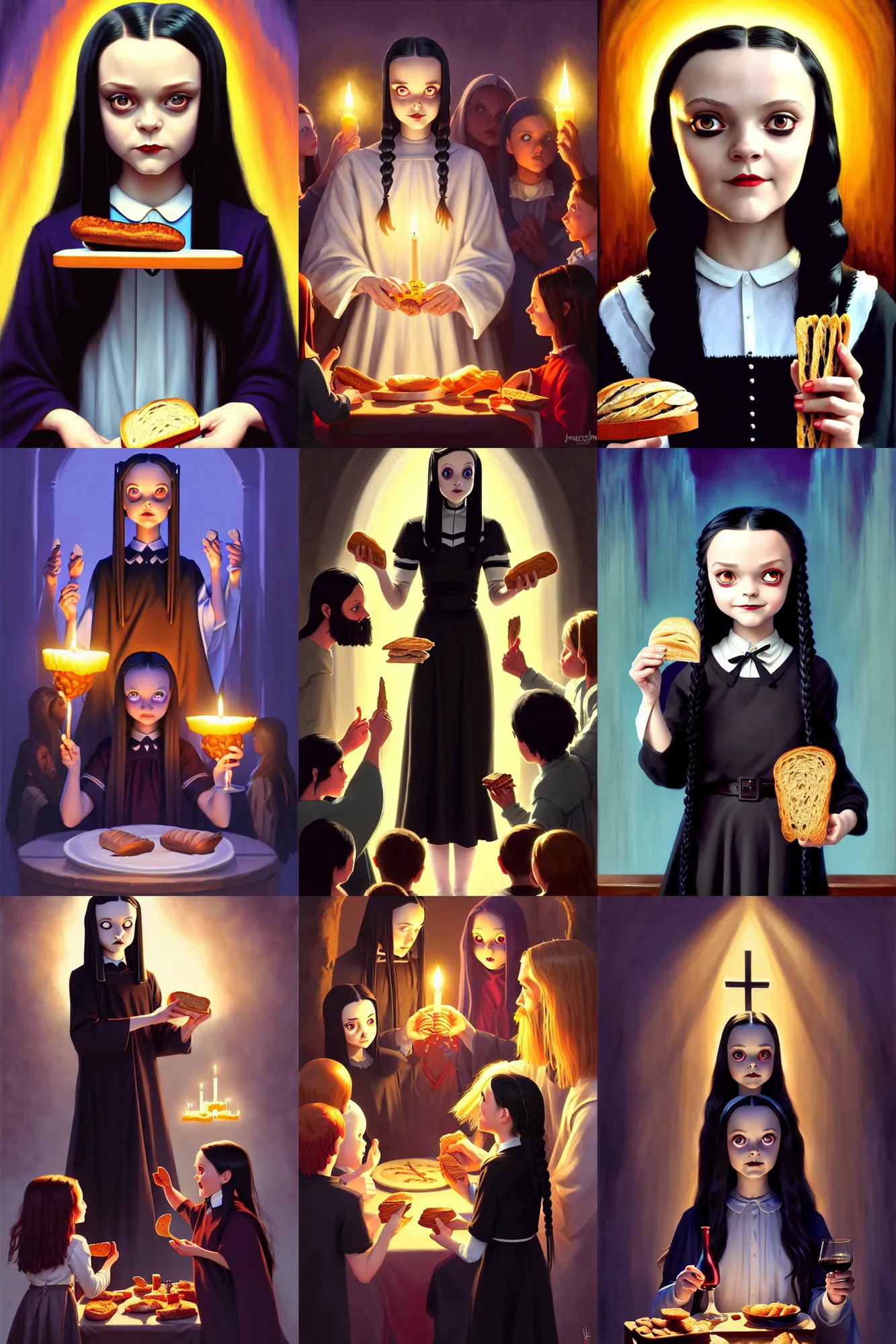 Prompt: wednesday addams from the addams family as jesus sharing bread and wine with the local community, joyful, holy rays of spiritual light, goth, pixar style, shaded lighting poster by magali villeneuve, artgerm, jeremy lipkin and michael garmash, rob rey and kentaro miura style, trending on art station