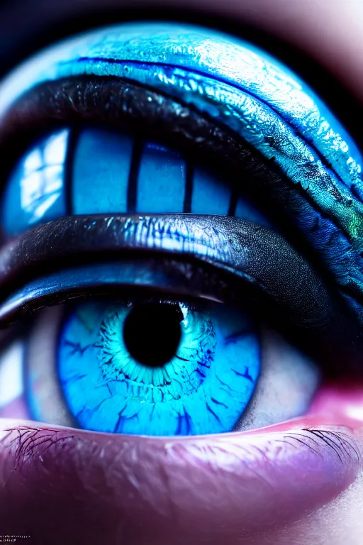 Image similar to macro photography of a hyper realistic stunning woman cyberpunk blue eye. black pupil, blue iris, natural skin no make up. studio shot, epic scale, insanely complex, hyper detailed, sharp focus, hyper realism, artstation, cgsociety, 8 k, unreal engine 5