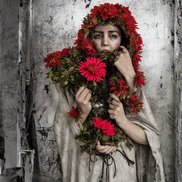 Prompt: a woman wearing a hooded cloak made of zinnias and barbed wire, in a derelict house, by Olivia Bee, natural light, detailed face, CANON Eos C300, ƒ1.8, 35mm, 8K, medium-format print