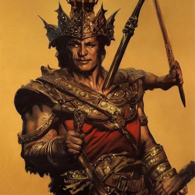 Image similar to an aesthetic! a detailed portrait of a man with a crown, holding a scepter by frank frazetta oil on canvas, dungeons and dragons art, hd, god - rays, ray - tracing, crisp contour - lines, huhd