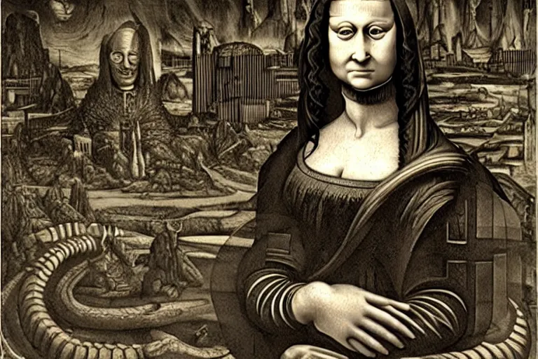 Image similar to monalisa in the style of h.r. giger, in the style of h.r. giger, in the style of h.r. giger, in the style of h.r. giger