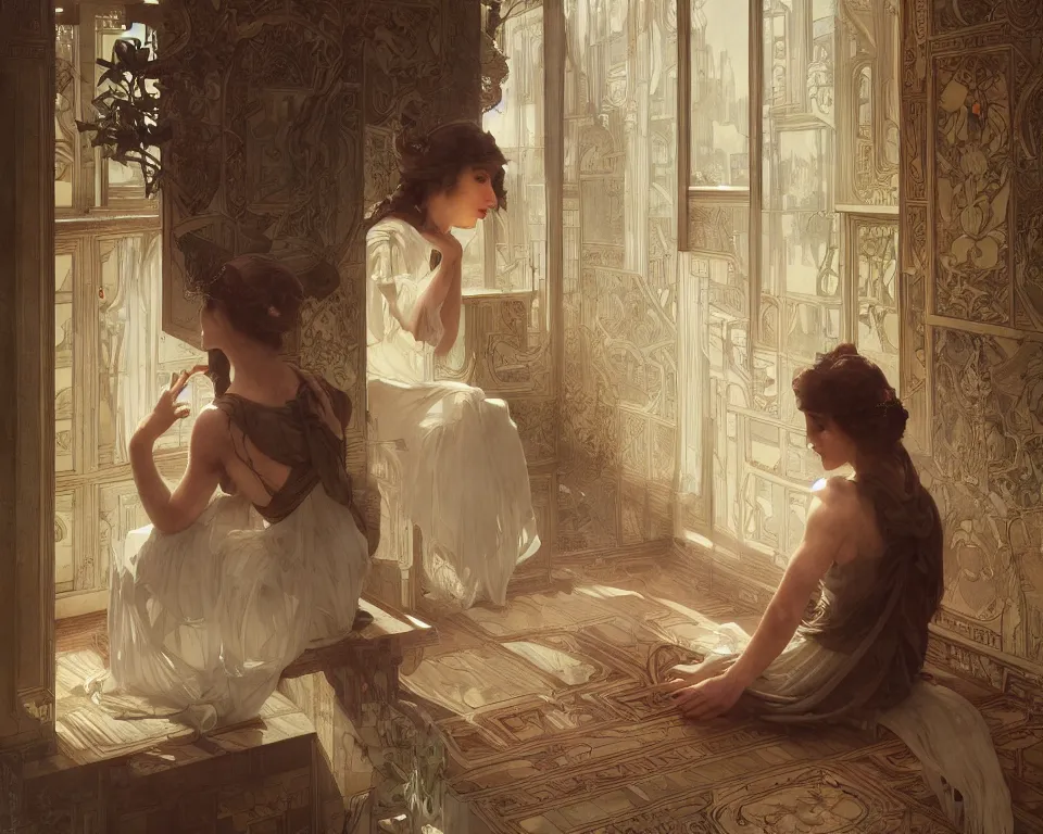 Prompt: long shot of bright cube with girl sitting in a corner, intricate, elegant, highly detailed, 1 9 2 0's style speakeasy, digital painting, artstation, concept art, smooth, sharp focus, illustration, art by artgerm and greg rutkowski and alphonse mucha and william - adolphe bouguereau