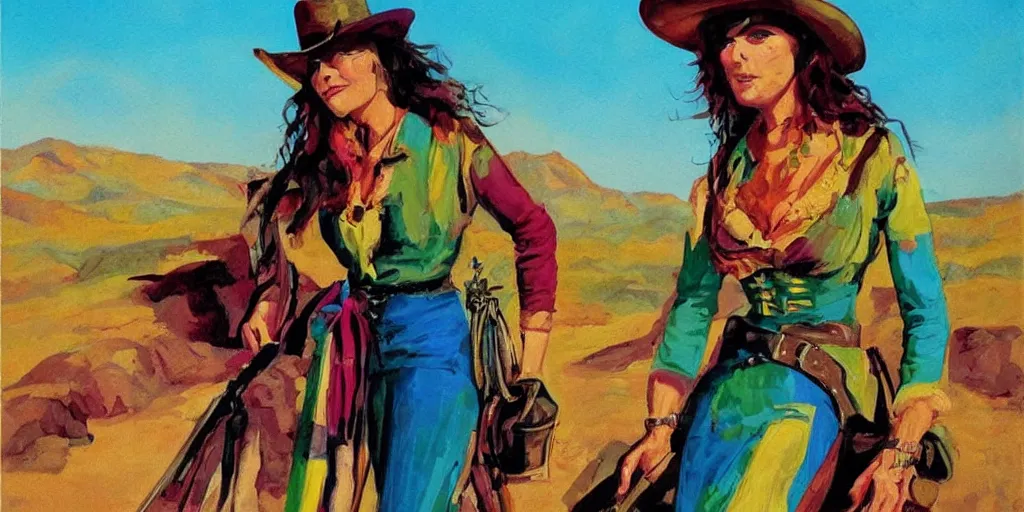 Prompt: wild west outlaw woman, colorful