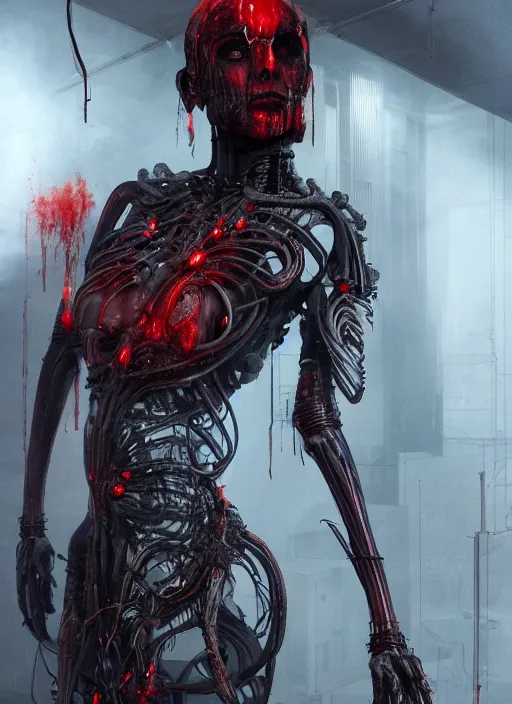 Image similar to cyborg goddess face, red liquid dripping from above, 8k details, high details, sinister vibe, dark room, many wires attached to her, rib cage exposed, bodies in the back, menacing look, octane render, hyper realistic by h.r. giger and peter mohrbacher