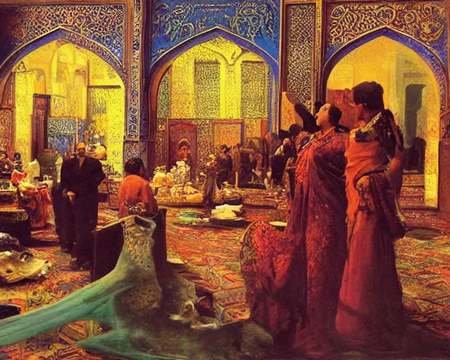 Image similar to an oil painting in the style of orientalism of dragons on display in a dragon auction in the grand bazaar of isfahan by edwin lord weeks