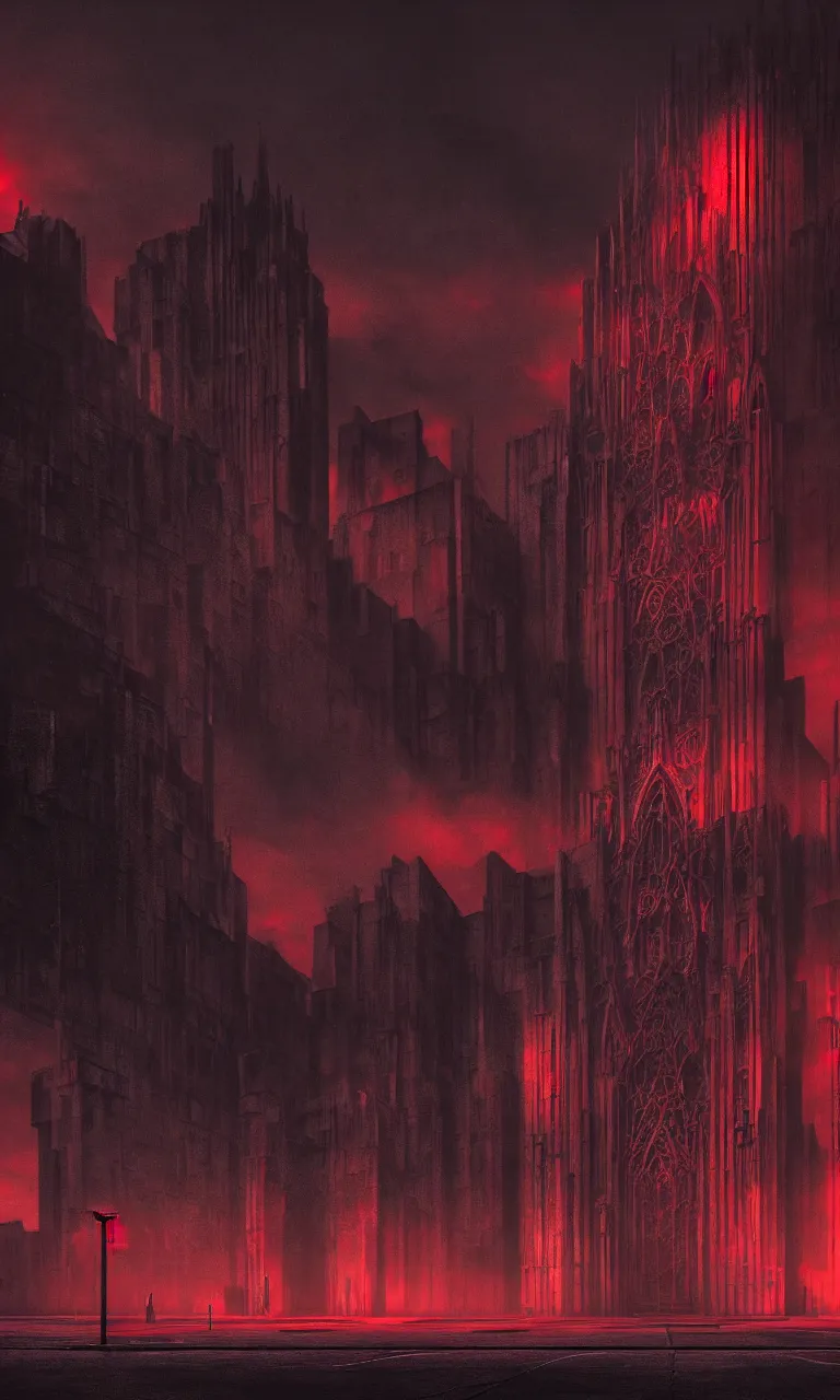 Prompt: Matte painting of dark brutalist cathedral with red neon lights, abandoned streets, cityscape, dark sky,