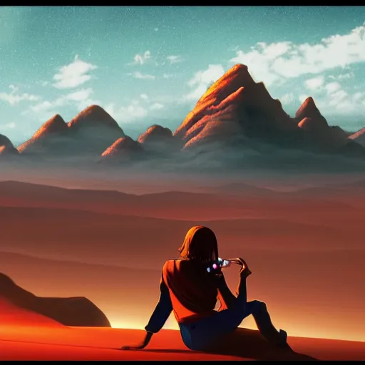 Image similar to Anime still of Lana Del Rey on Mars, sitting on a Martian rock, smoking a cigarette, reddish atmosphere with detailed highlights, dark gloomy sky cascading upon the atmosphere, well-detailed ornate Martian mountains in the background, trending on artstation, 4k, 8k