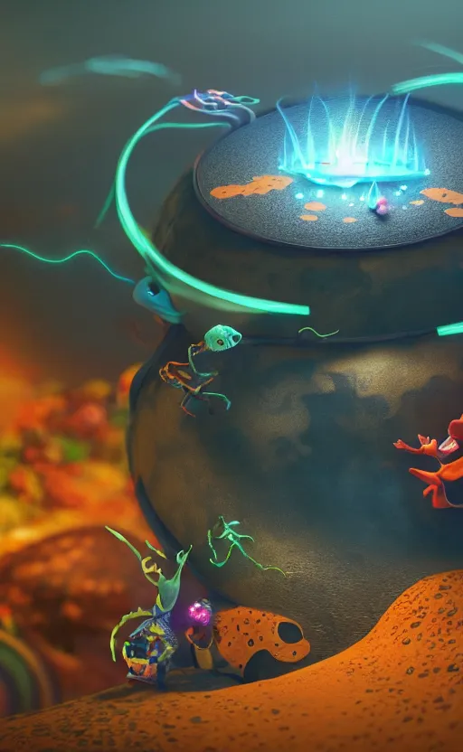 Image similar to tiny skateboard, volcano, floating, rbc, radiolaria, protophyta, micro - organisms, center frame, symmetric, rim light, marine microbiology, bioluminescence, electric, fur, soft, concept art, intricate details, highly detailed, colorful, photorealistic, disney pixar, octane render, iridescent, anime, 8 k