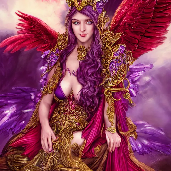 Image similar to Princess sorceress with red flaming bird wings on her back and sitting on an ornate throne dressed in a fancy long purple dress, beautiful hyper realistic face with a Slight smile and open eyes, Fantasy, Half Body Portrait, High detail, hyper realistic, planeswalker