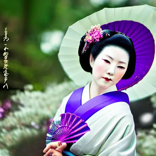 Image similar to Japanese geisha with beautiful violet paper fan, 4k photography, 30 mm lens, cinematic light, warm atmosphere, in style of Kar Wai Wong, fine dust