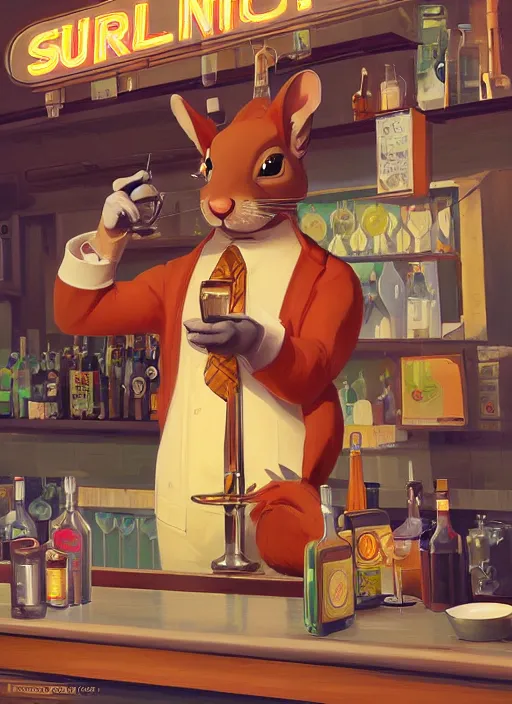 Prompt: squirrel anthro as a dapper bartender with a big, fluffy tail, retro futurism, art deco, detailed, painterly digital art by WLOP and Cory Loftis and Quint Buchholz, 🐿🍸🍋, furaffinity, trending on artstation