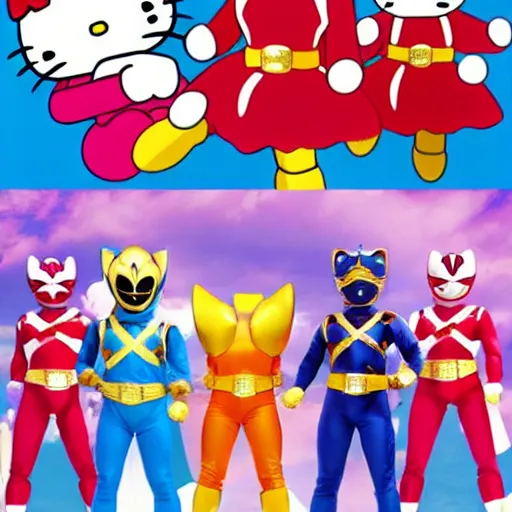 Image similar to hello kitty characters as power rangers, god rays