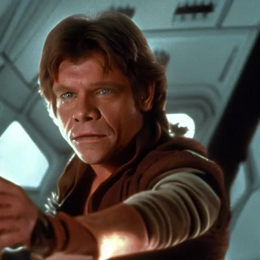 Prompt: a still of mark hamill as han solo, with chewbacca, in return of the jedi, 8 k