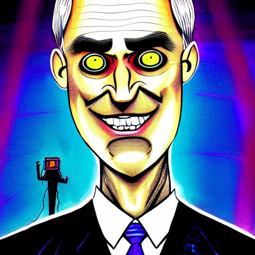 Prompt: bright demonic glowing eyes, digital illustration of secretary of denis mcdonough face, cover art of graphic novel, evil laugh, neon colors, menacing, Machiavellian puppetmaster, villain, clean lines, clean ink