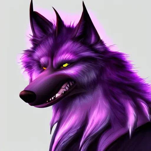 Prompt: An anthropomorphic purple wolf character with spiky white hair, furry fandom, digital painting, detailed