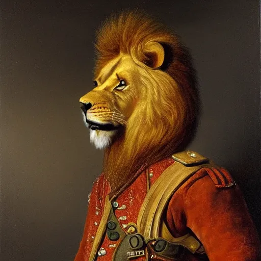 Prompt: oil painting of an anthropomorphic lion in military uniform, amazing detail, painted by rembrandt