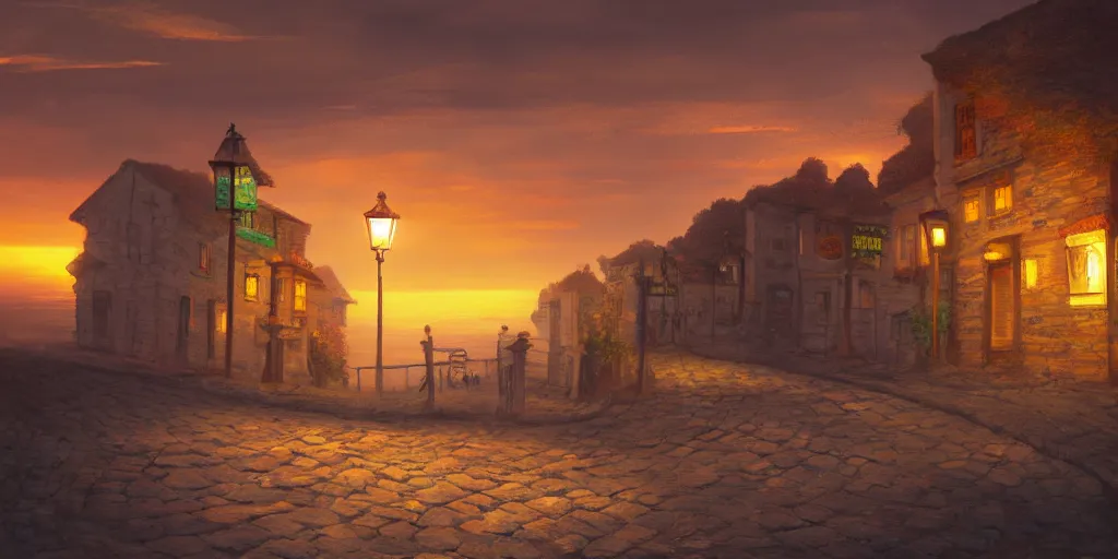 Prompt: a lonely cobblestone street with a business selling electrical appliances, a lantern, on a cliff over the sea at sunset, artstation, colorful maurice noble concept art