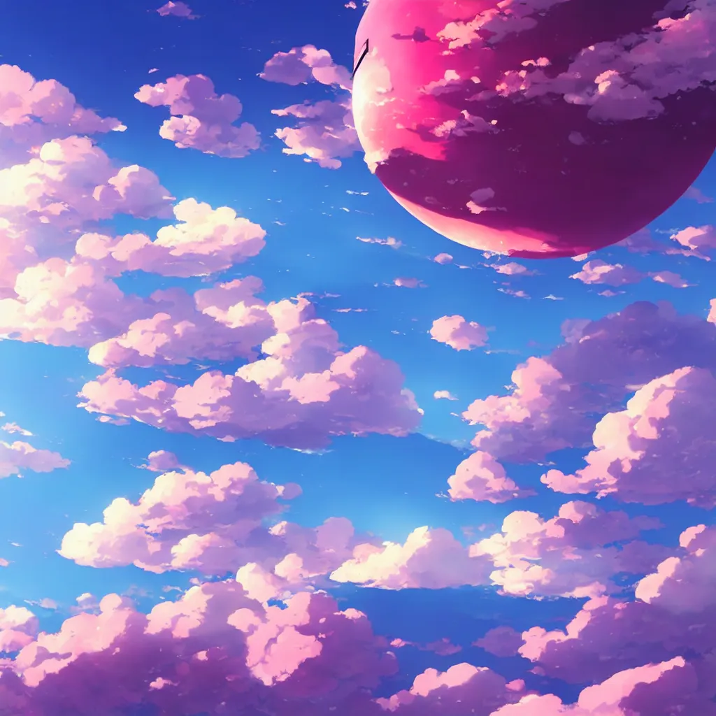 Prompt: Big pink sphere surrounded by blue sky, beautiful matte painting by Makoto Shinkai,