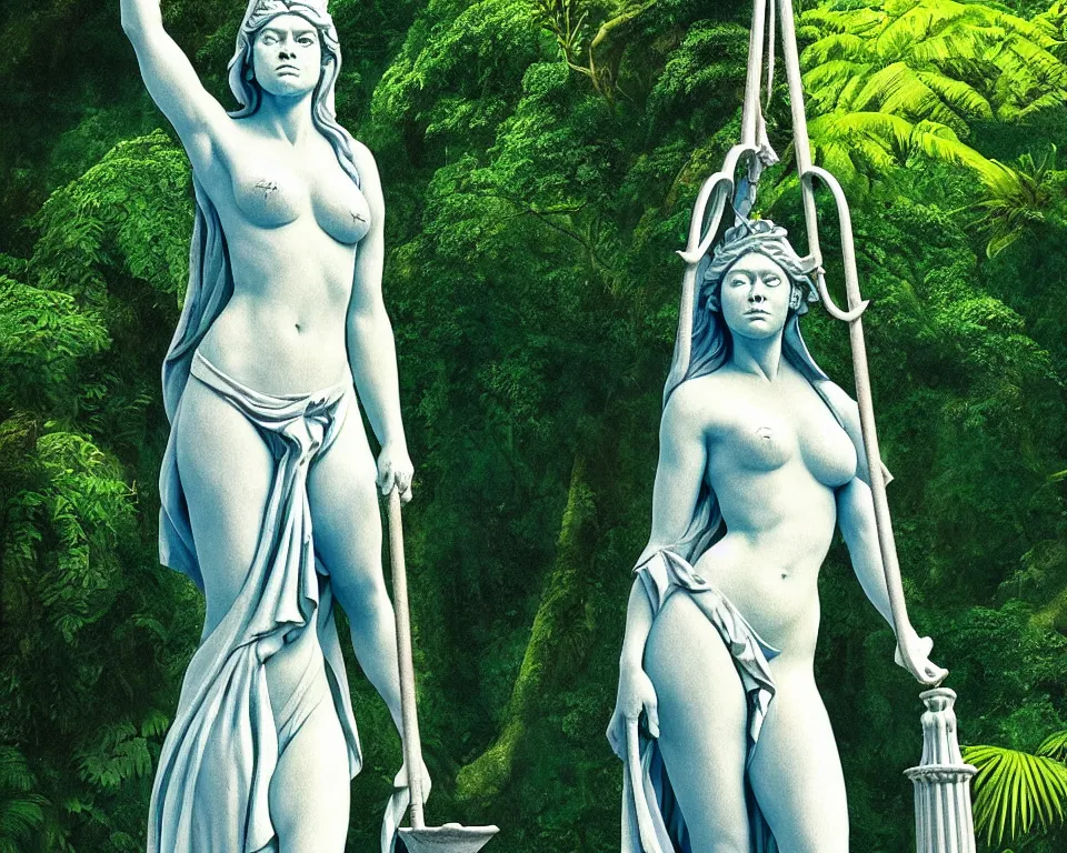 Image similar to achingly beautiful print of a lady justice sculpture outside a temple in the rainforest by raphael, hopper, and rene magritte. detailed, romantic, enchanting, trending on artstation.