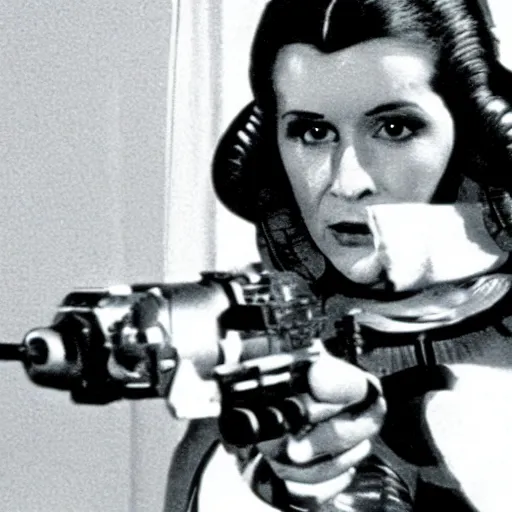 Prompt: still from old 40\'s movie Start Wars (1982) actress playing Princess Leia