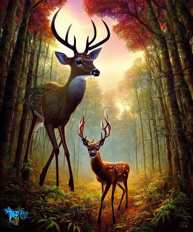 Prompt: a realistic deer, walking through a psychedelic forest, wide angle landscape shot, pixar style by tristan eaton, artgerm and tom bagshaw