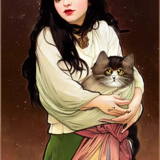 Image similar to cute emo persian woman, with long dark hair, thick eyebrows!!! dark eyes and dark circles!, wide nose!!!, big eyes, oval face shape, big cheeks!, she is holding a cat in her arms, by juan villafuerte, greg rutkowski and alphonse mucha, pexels contest winner, high quality photo, hd rtx