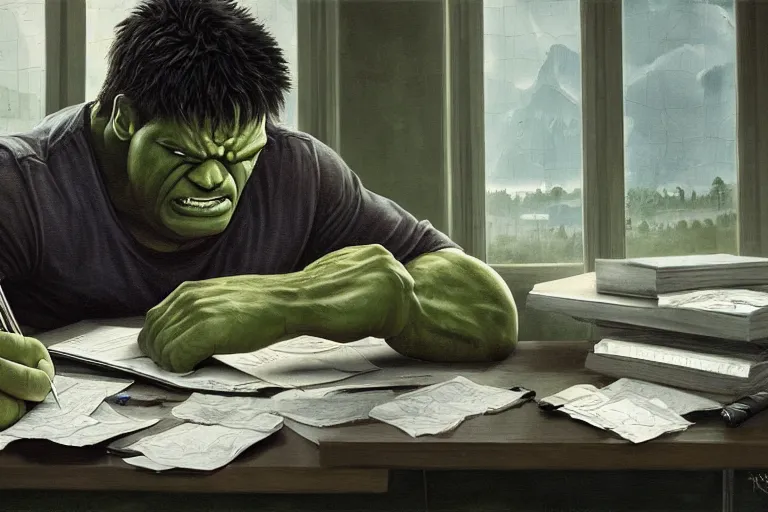 Prompt: the hulk sitting at a desk using a small calculator to do his taxes, calculator, oil on canvas, intricate, 8 k highly professionally detailed, hdr, cgsociety