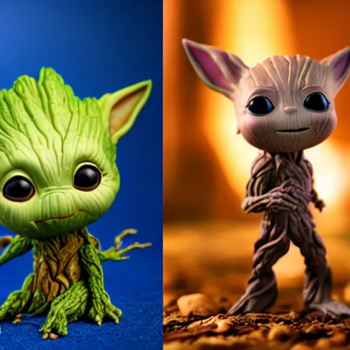 Prompt: a baby groot funko pop next to a baby yoda funko pop, photo studio, professional photo, professional lighting, artstation trend, hdr