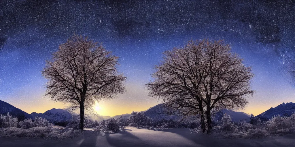 Image similar to 8k realistic image of a maple tree with kashmir landscape icy mountains and dark starry night