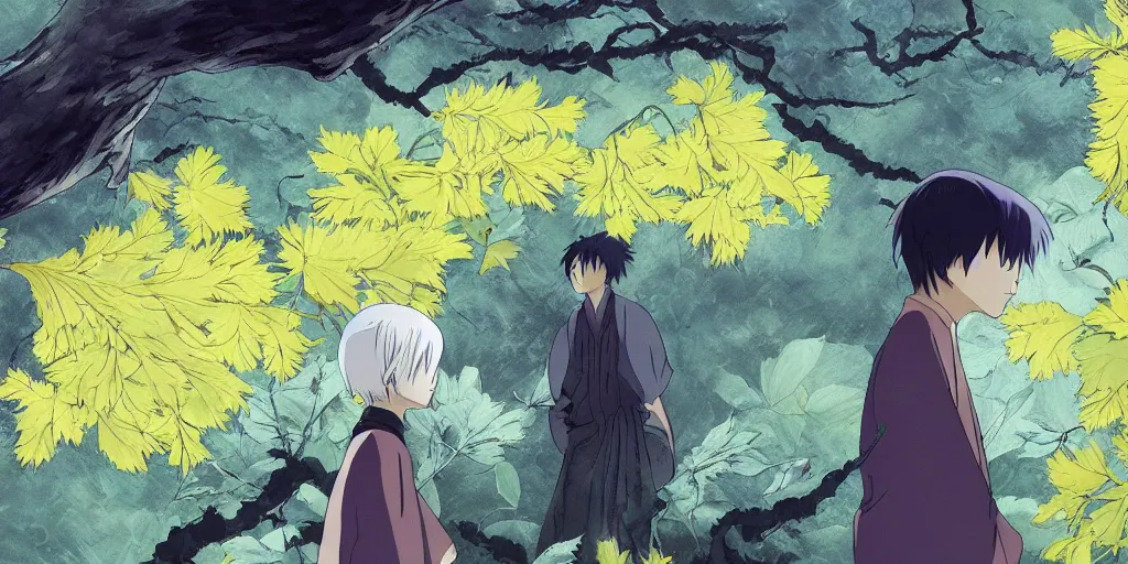 Image similar to ginko showing a new mushi, mushishi by studio ghibli, artgem, mutsumi akasaki, wallpaper splash art promo art