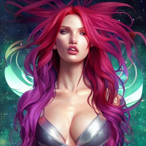 Image similar to ultra realistic illustration, bella thorne as starfire anime, intricate, elegant, highly detailed, digital painting, artstation, concept art, smooth, sharp focus, illustration, art by artgerm and greg rutkowski and alphonse mucha and wlop