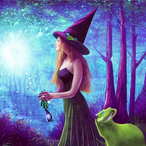 Image similar to A beautiful witch in a green forest, surrounded by different animals, drinking water from a stream, against the background of a shooting star, and a bright supernova, photo realism, 768