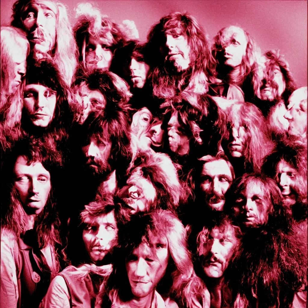 Image similar to award winning photo of seventies progressive rock band, king crimson, genesis, pink floys, yes, gong, camel, vivid colors, happy, symmetrical face, beautiful eyes, studio lighting, wide shot art by Sally Mann & Arnold Newman