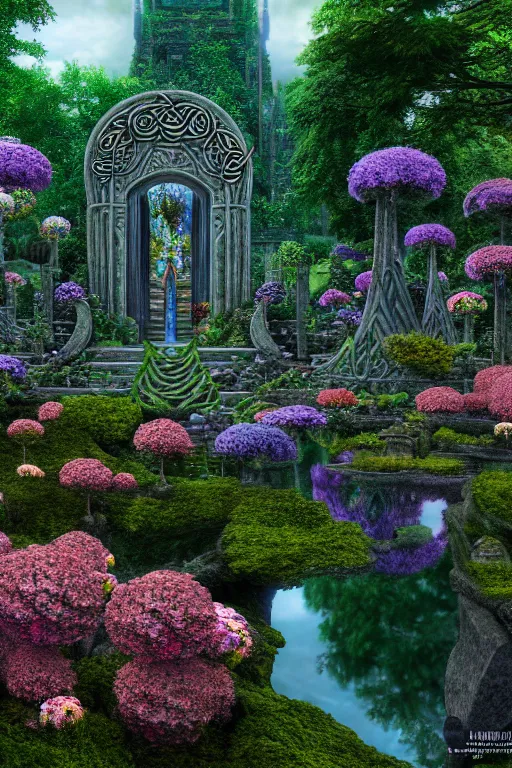 Image similar to photography of a hyper realistic lost celtic elven temple in a magical fantasy garden, mirroring water, colorful flowers, epic scale, insanely complex, hyperdetailed, sharp focus, hyper realism, artstation, cgsociety, 8 k, bright colors, by takato yamamoto, unreal engine 5