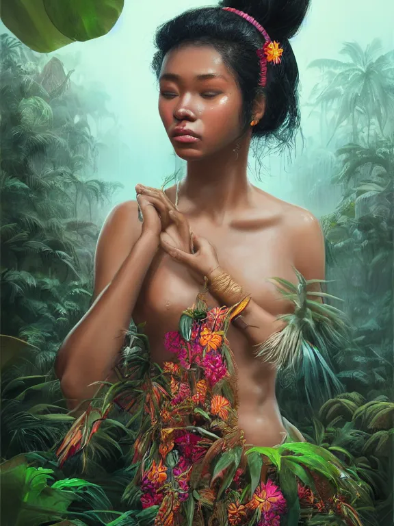 Image similar to beautiful portrait of a Subtropical monsoon climate minority female wearing fantastic costume,ivoy skin, pigtail,subtropical plants,subtropical plants flowers,intricate, elegant, highly detailed, dim volumetric lighting, 8k,octane,post-processing,digital painting, trending on artstation, concept art, smooth, sharp focus, illustration,by Tom Bagshaw and Daniel Gerhartz and Albert Aublet and Lawrence Alma-Tadema and alphonse mucha