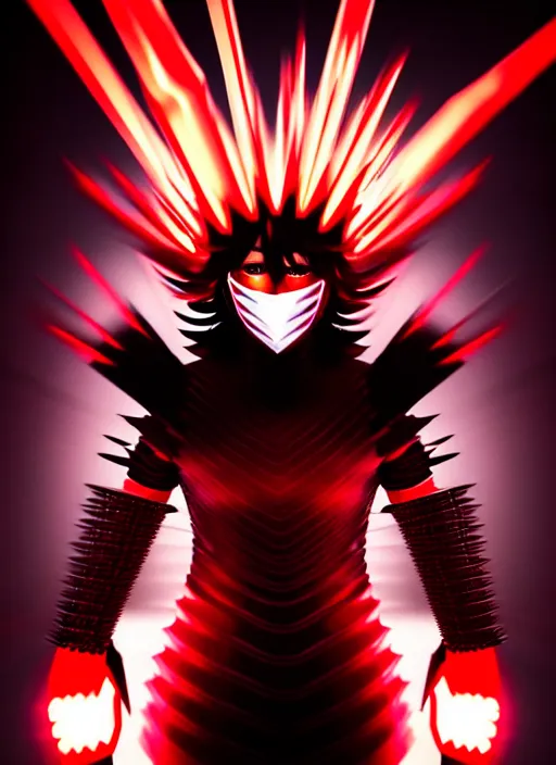 Image similar to a striking cinematic full body manga portrait of a long black haired masked male teenager wearing imposing red jagged spiked plate armour and glowing with raging powerful red energy by hirohiko araki and beeple, fine details, digital art, character concept art, volumetric lighting, cinematic light, photorealistic