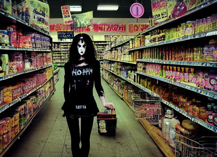 Prompt: 28mm photo of a woman in post apocalyptic supermarket, in the style of David cronenberg ,scary, weird, high fashion, ID magazine, vogue magazine, magazine, surprising, freaky, freak show, realistic, sharp focus, 8k high definition, medium format film photography, photo realistic, insanely detailed, intricate, elegant, art by yoshitaka amano and David kostic and stanley lau and artgerm