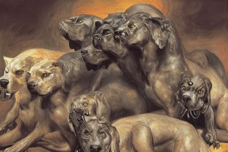 Prompt: hyperdetailed matte art of a three headed dog cerberus by william blake, ilya repin, amano, rene magritte, craig mullins, three headed dog cerberus, details