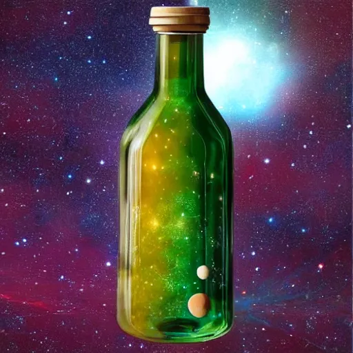 Prompt: a glass bottle with the universe inside