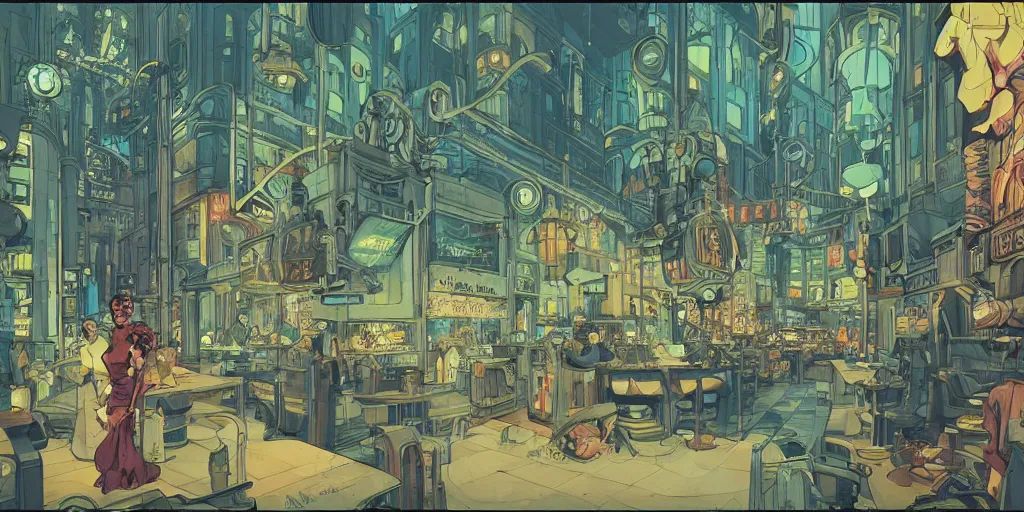 Image similar to a study of cell shaded cartoon of the interior of a bioshock style art deco city, illustration, post grunge, concept art by josan gonzales and wlop, by james jean, victo ngai, david rubin, mike mignola, laurie greasley, highly detailed, sharp focus, trending on artstation, hq, deviantart, art by artgem