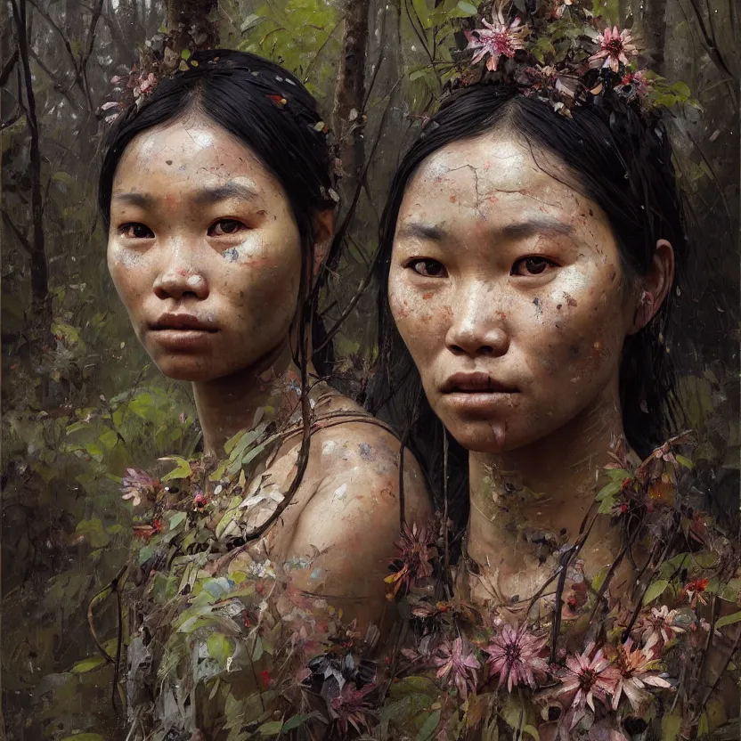 Image similar to detailed portrait of a tribal woman with asian eyes and thick lip forest girl, flowers and trees, by ismail inceoglu dragan bibin hans thoma greg rutkowski alexandros pyromallis nekro rene maritte illustrated, perfect face, fine details, realistic shaded, fine - face, pretty face